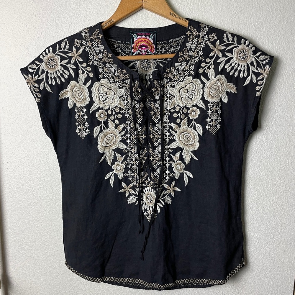 Johnny Was Embroidered Floral Linen Peasant Top